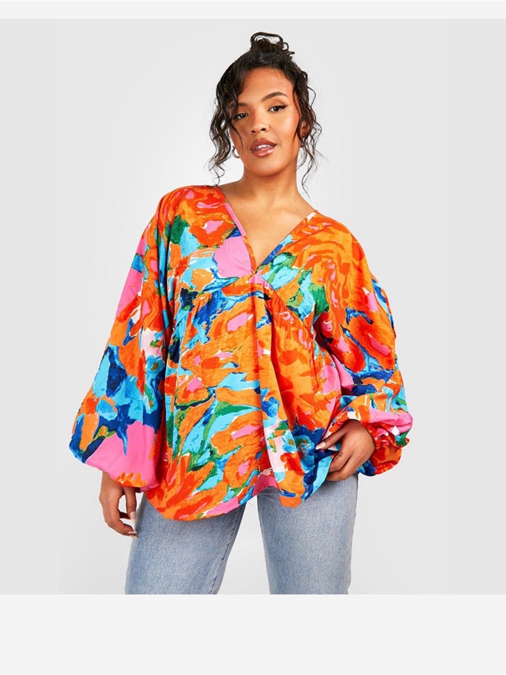 Boohoo Plus Orange Multi Abstract V-Neck Balloon Sleeve Top